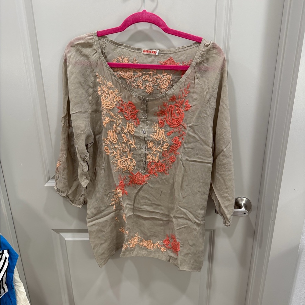 Johnny Was Beige and Orange Floral Blouse